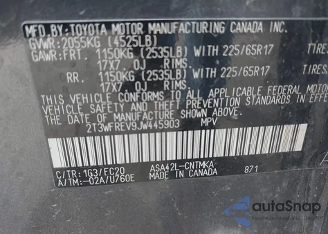 2018 Toyota Rav4 Xle из США, поврежденный, VIN 2T3WFREV9JW445903